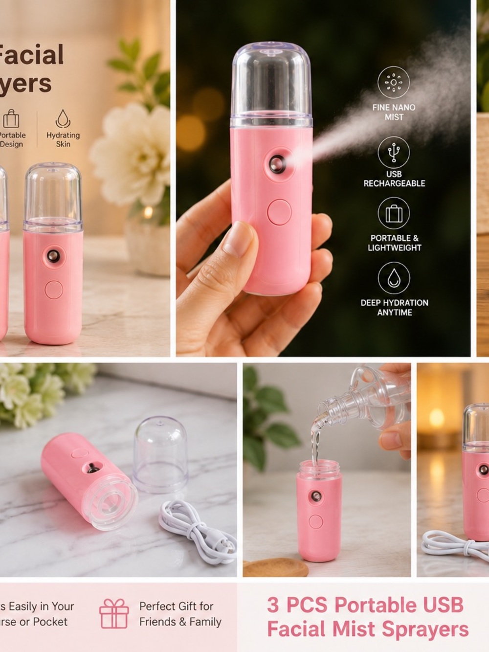 Set of 3 Portable USB Nano Facial Mist Sprayers – Rechargeable Face Misters, New